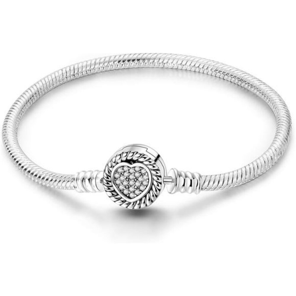 925 Sterling Silver Snake Chain Charm Bracelet Heart Clasp European Charms Women